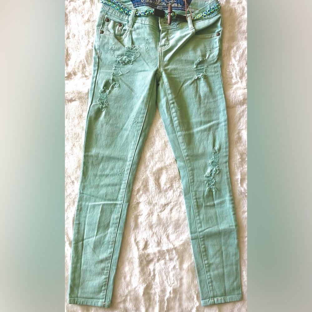 Vanilla Star Distressed belted skinny Jean - mint green